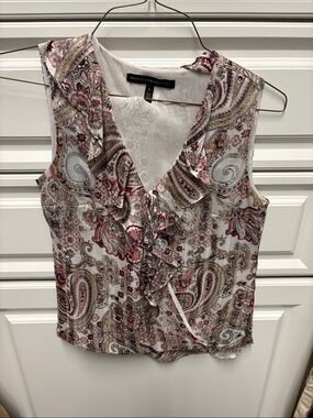 White House Black Market Paisley Ruffle V-Neck Camisole in Pink and Cream